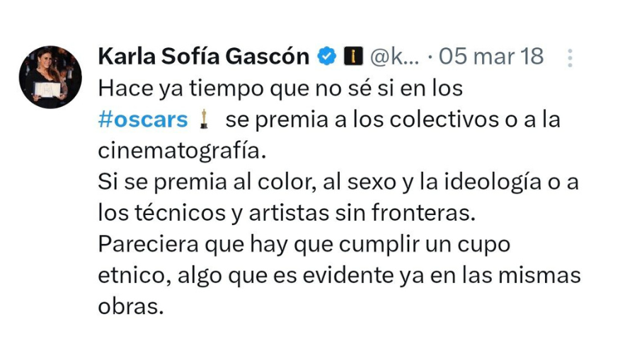 Tweet de marzo de 2018 donde se cuestionan los criterios de los Premios Oscar, reflexionando sobre si se valora más la representación de colectivos o la calidad artística.